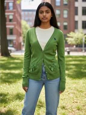 Abercrombie & Fitch Y2K Green V-Neck Bow Pocket Cardigan Small EUC
